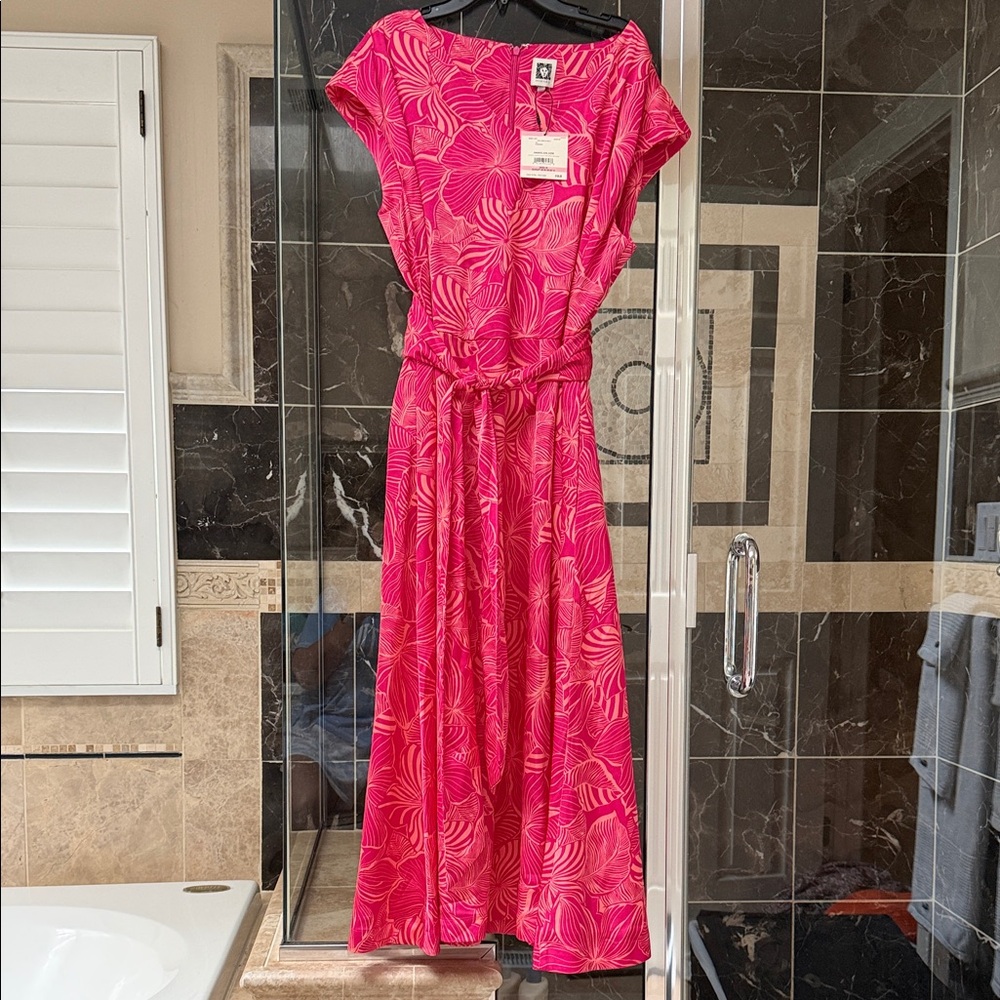 Anne Klein Hot Pink Floral Maxi Dress with Waist Tie